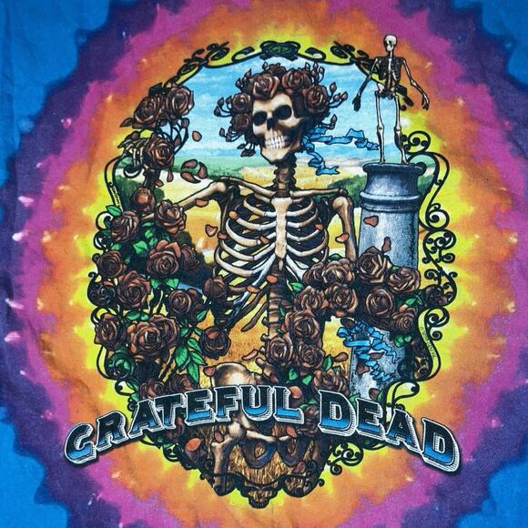 Grateful Dead Liquid Blue Tie-Dye Skeleton Roses Tee 2XL Tagless - Picture 2 of 4